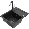 Mexen Enzo granitový kuchynský drez s 1 komorou, odkvapkávacou plochou a kuchynskou batériou Flora, čierny/strieborný Mexen Enzo granitový kuchynský drez s 1 komorou, odkvapkávacou plochou a kuchynskou batériou Flora, čierny/strieborný