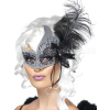 Maska škraboška - TEMNÝ ANJEL - čierno strieborná s perím dámska Maska škraboška - TEMNÝ ANJEL - čierno strieborná s perím dámska