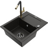 Mexen Enzo granitový kuchynský drez s 1-komorou s odkvapkávačom a kuchynskou batériou Flora, čierny/zlatý metalický Mexen Enzo granitový kuchynský drez s 1-komorou s odkvapkávačom a kuchynskou batériou Flora, čierny/zlatý metalický