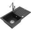 Mexen Pablo granitový kuchynský drez s jednou komorou, odkvapkávačom a kuchynskou batériou Flora, čierny/strieborný Mexen Pablo granitový kuchynský drez s jednou komorou, odkvapkávačom a kuchynskou batériou Flora, čierny/strieborný