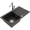 Mexen Pablo granitový drez s 1-komorou a odkvapkávacou doskou a kuchynskou batériou Flora, čierny/zlatý metalický Mexen Pablo granitový drez s 1-komorou a odkvapkávacou doskou a kuchynskou batériou Flora, čierny/zlatý metalický