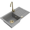 Mexen Pablo, granitový drez 752x436x161 mm, 1-komorový a zlatá batéria Telma, šedá, 6510-71-670200-50 Mexen Pablo, granitový drez 752x436x161 mm, 1-komorový a zlatá batéria Telma, šedá, 6510-71-670200-50