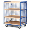 Policový vozík vysoký, tri strany drôtené, štyri poschodia z ohranenej drevotriesky, 400 kg Policový vozík vysoký, tri strany drôtené, štyri poschodia z ohranenej drevotriesky, 400 kg