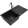 Mexen Leo žulový kuchynský drez s 1 komorou a odkvapkávačom a kuchynskou batériou Flora, čierny - 6501-77-670401-07-B Mexen Leo žulový kuchynský drez s 1 komorou a odkvapkávačom a kuchynskou batériou Flora, čierny - 6501-77-670401-07-B
