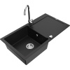 Mexen Leo žulový drez s jednou komorou a odkvapkávačom a kuchynskou batériou Telma, čierny - 6501-77-670200-00 Mexen Leo žulový drez s jednou komorou a odkvapkávačom a kuchynskou batériou Telma, čierny - 6501-77-670200-00