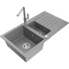Mexen Matias 1,5-komorový granitový drez s odkvapkávačom a kuchynskou batériou Flora, sivý - 6502-71-670401-00 Mexen Matias 1,5-komorový granitový drez s odkvapkávačom a kuchynskou batériou Flora, sivý - 6502-71-670401-00