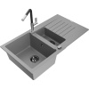 Mexen Matias granitový drez 1,5-komorový s odkvapkávačom a kuchynskou batériou Flora, sivý - 6502-71-670401-07-B Mexen Matias granitový drez 1,5-komorový s odkvapkávačom a kuchynskou batériou Flora, sivý - 6502-71-670401-07-B