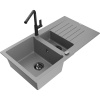 Mexen Matias žulový drez 1,5-komorový s odkvapkávačom a kuchynskou batériou Flora, sivý - 6502-71-670401-70-B Mexen Matias žulový drez 1,5-komorový s odkvapkávačom a kuchynskou batériou Flora, sivý - 6502-71-670401-70-B