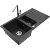 Mexen Matias žulový drez 1,5-komorový s odkvapkávačom a kuchynskou batériou Flora, čierny/strieborný - 6502-73-670401-00 Mexen Matias žulový drez 1,5-komorový s odkvapkávačom a kuchynskou batériou Flora, čierny/strieborný - 6502-73-670401-00