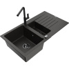 Mexen Matias granitový drez 1,5-komorový s odkvapkávačom a kuchynskou batériou Flora, čierny/zlatý - 6502-75-670401-70-B Mexen Matias granitový drez 1,5-komorový s odkvapkávačom a kuchynskou batériou Flora, čierny/zlatý - 6502-75-670401-70-B
