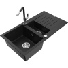 Mexen Matias žulový drez 1,5-komorový s odkvapkávačom a kuchynskou batériou Flora, čierny - 6502-77-670401-07 Mexen Matias žulový drez 1,5-komorový s odkvapkávačom a kuchynskou batériou Flora, čierny - 6502-77-670401-07