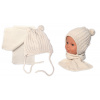 Zimní čepice na zavazování s bambulky + šál, Baby Nellys - béžová Zimní čepice na zavazování s bambulky + šál, Baby Nellys - béžová