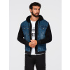 Ombre Men's denim jacket with knitted sleeves and hood - blue and black čierna | modrá | biela L Ombre 5902228998129 Ombre Men's denim jacket with knitted sleeves and hood - blue and black čierna | modrá | biela L Ombre 5902228998129