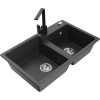 Mexen Tomas žulový dvojkomorový kuchynský drez s kuchynskou batériou Rita, čierny bodkovaný - 6516-76-670300-70 Mexen Tomas žulový dvojkomorový kuchynský drez s kuchynskou batériou Rita, čierny bodkovaný - 6516-76-670300-70