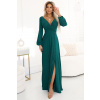 Numoco 572-4 Dlhé lesklé šaty s výstrihom, dlhými rukávmi a rozparkom NELA - zelené Veľkosť: XXL Numoco 572-4 Dlhé lesklé šaty s výstrihom, dlhými rukávmi a rozparkom NELA - zelené Veľkosť: XXL