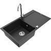 Mexen Leo granitový kuchynský drez s 1 komorou, odkvapkávačom a kuchynskou batériou Telma, čierny/strieborný metalický Mexen Leo granitový kuchynský drez s 1 komorou, odkvapkávačom a kuchynskou batériou Telma, čierny/strieborný metalický