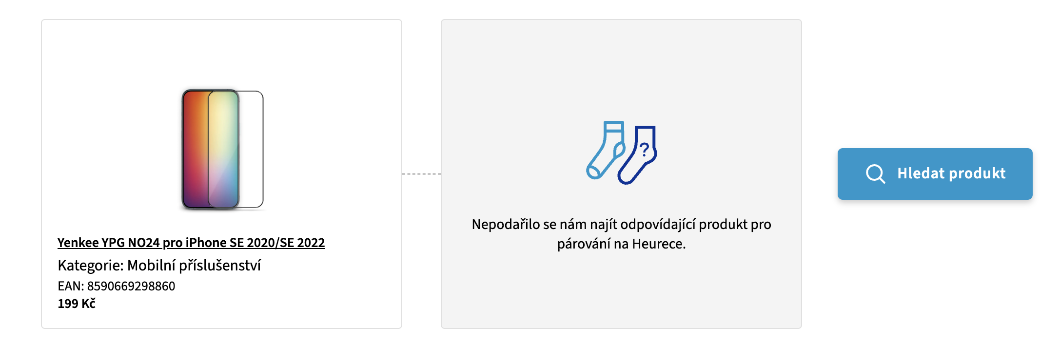 Obrázek 2: Ruční vyhledávání produktu - Nepodařilo se najít produkt