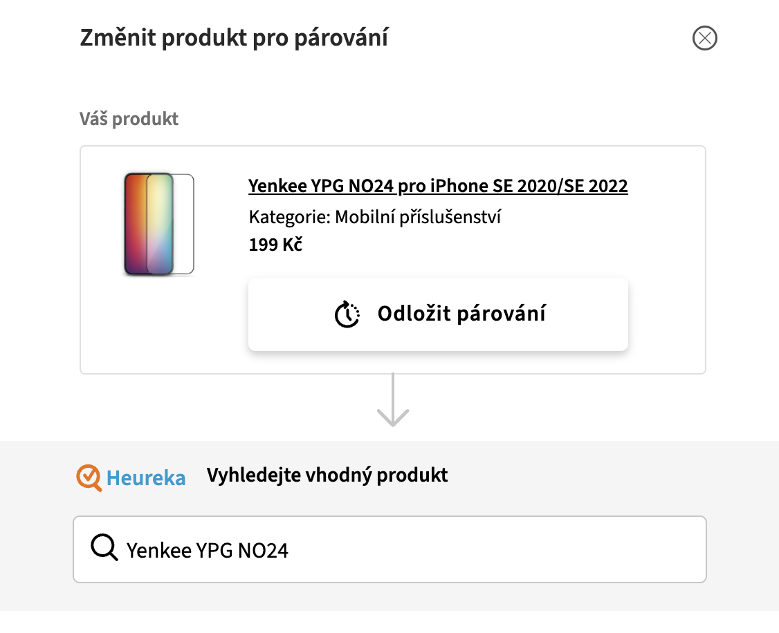 Obrázek 3: Ruční vyhledávání produktu - Změna produktu pro párování