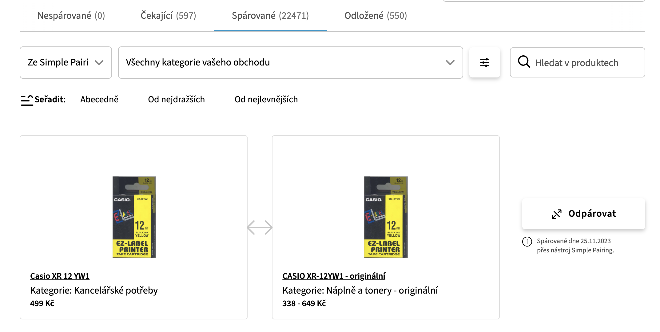 Obrázek 5: Ukázka zrušení párování (odpárování)