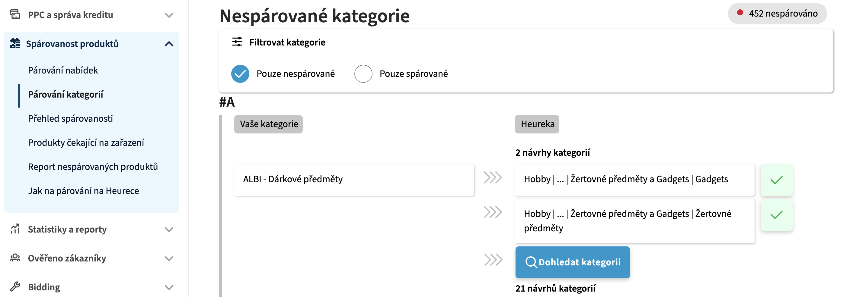 Obrázek 6: Párování kategorií
