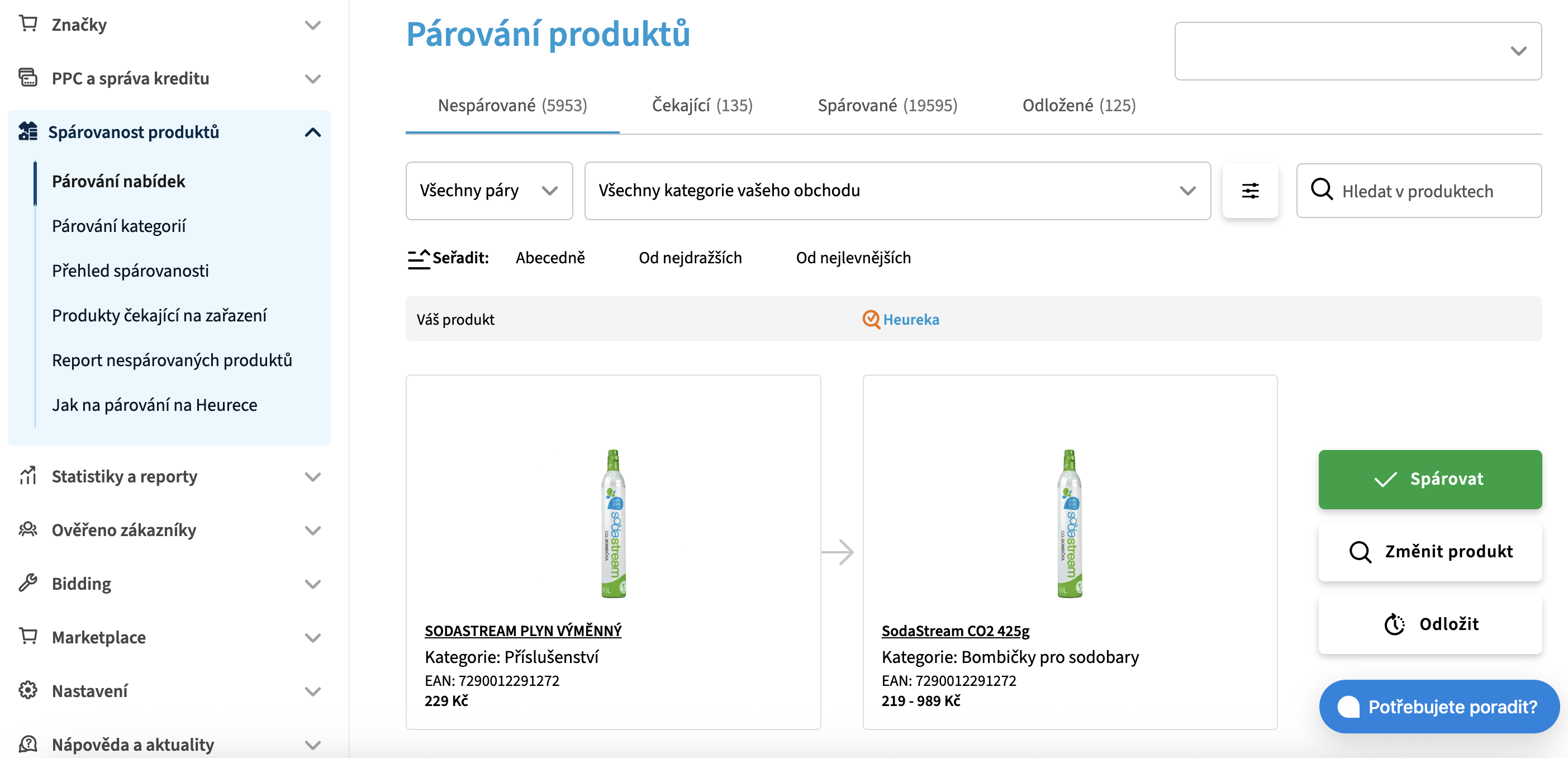 Obrázek 7: Ukázka Nástroje pro párování nabídek a kategorií