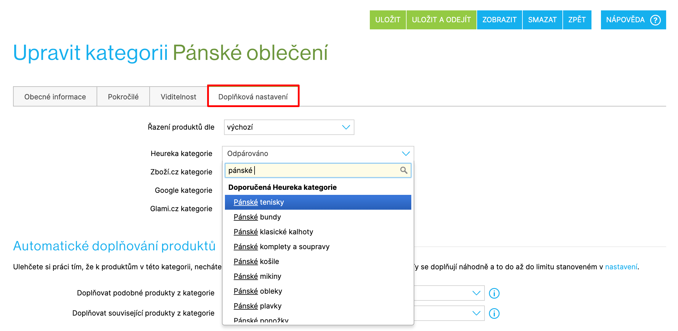 Doplňková nastavení kategorie pro Heureku