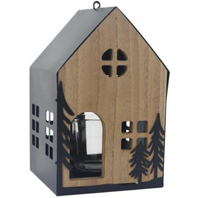 Svícen na čajové svíčky domeček, dřevo, kov, 13 × 13 × 21 cm, na 1 svíčku K4529 – Sleviste.cz