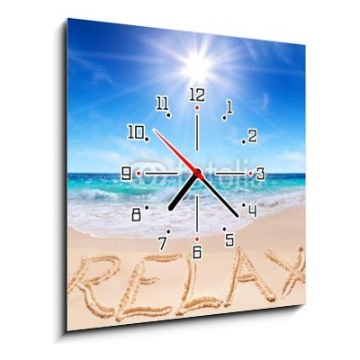 Obraz s hodinami 1D - 50 x 50 cm - word relax on the tropical beach slovo relaxovat na tropické pláži – Zboží Mobilmania