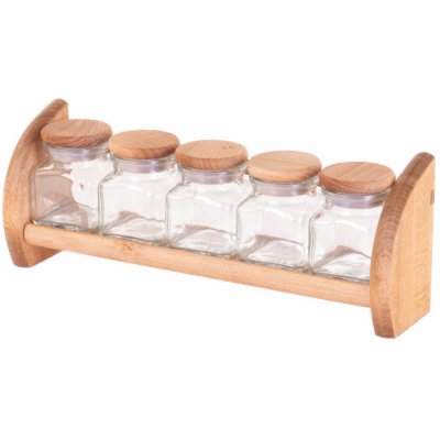 PRACTIC Dřevěná polička na koření se skleněnými nádobami 32,8 x 6,7 x 12,2 cm – Zbozi.Blesk.cz
