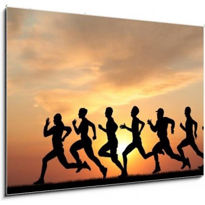 Skleněný obraz 1D - 100 x 70 cm - Marathon, black silhouettes of runners on the sunset Maraton, černé siluety běžců na západ slunce