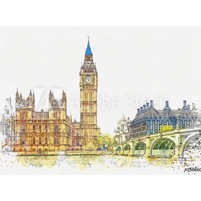 WEBLUX 250660877 Samolepka fólie Watercolor sketch or illustration of a beautiful view of the Big Ben and the Houses of Parliament in London in the UK Akvarel skica neb rozměry 270 x 200 cm – Zboží Mobilmania