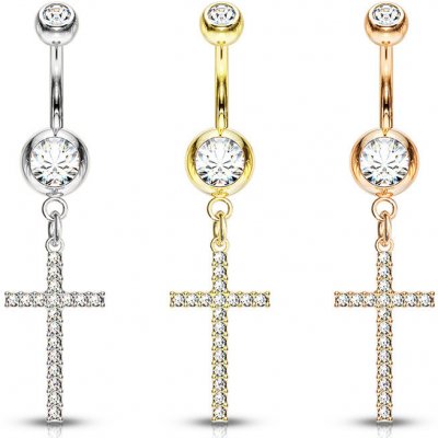 Šperky eshop piercing do bříška kulatý krystal čiré barvy s přívěskem, křížek vykládaný krystalky Q11.2 Zlatá – Hledejceny.cz