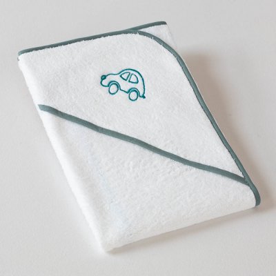 Veba LOTA osuška s kapucí bílá s výšivkou Autíčko šedozelená lemovka 75x75 cm – Sleviste.cz
