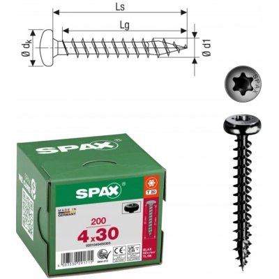 Vruty do dřeva SPAX 4x30 mm, plný závit, talířová hlava, černé, 200 ks – Hledejceny.cz