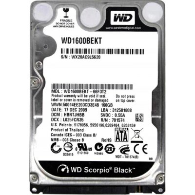 WD Scorpio Black 160GB, 2,5", SATAII, 16MB, 7200rpm, 12ms, WD1600BEKT – Sleviste.cz