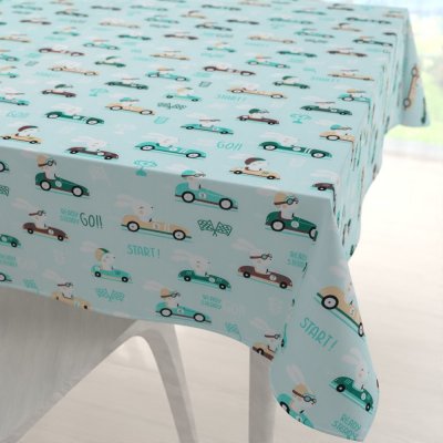 Biante Dětský bavlna čtvercový ubrus Sandra SA-375 Zaječí automobilové závody na mintovém 100x100 cm – Sleviste.cz