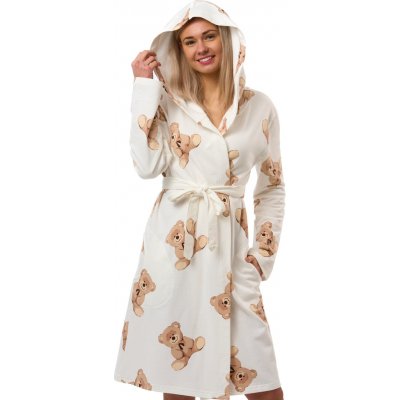 Župan dámský bavlněný bílý s kapucí a vzorem hnědých medvědů teplý 1TB0144 bílá – Sleviste.cz