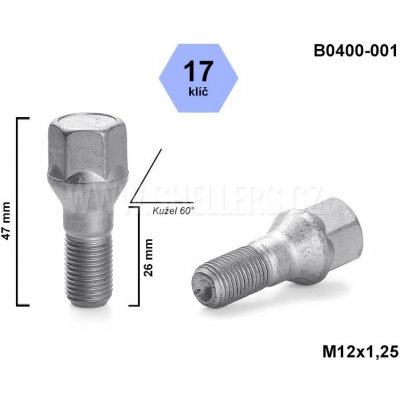 Kolový šroub M12x1,25x26 kužel, klíč 17, B0400-001, CITROËN, PEUGEOT, výška 47 mm – Zbozi.Blesk.cz