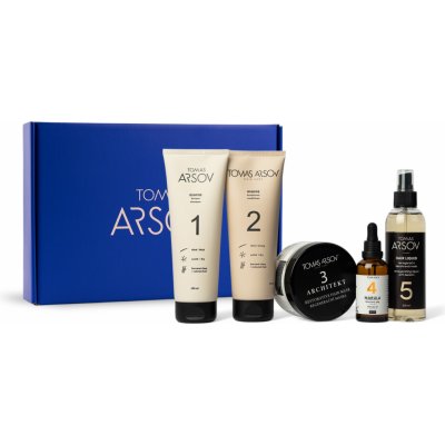 Tomas Arsov Péče o poškozené vlasy BONFIRE Šampon 250 ml + Oplachový kondicionér 250 ml +ARCHITEKT maska 250 ml + Marulový olej s vitamínem E 50 ml + HAIR LIQUID Keratin. voda 200 ml dárková sada – Zboží Dáma
