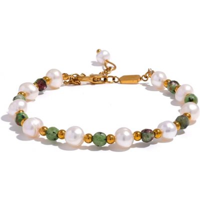 Grace Jewellery Korálkový náramek sladkovodní perly a epidot chirurgická ocel BN-10-897A Bílá – Zboží Mobilmania