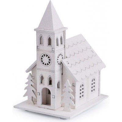 Prima-obchod Dekorace dřevěný kostel, domeček svítící, barva 1 bílá glitry