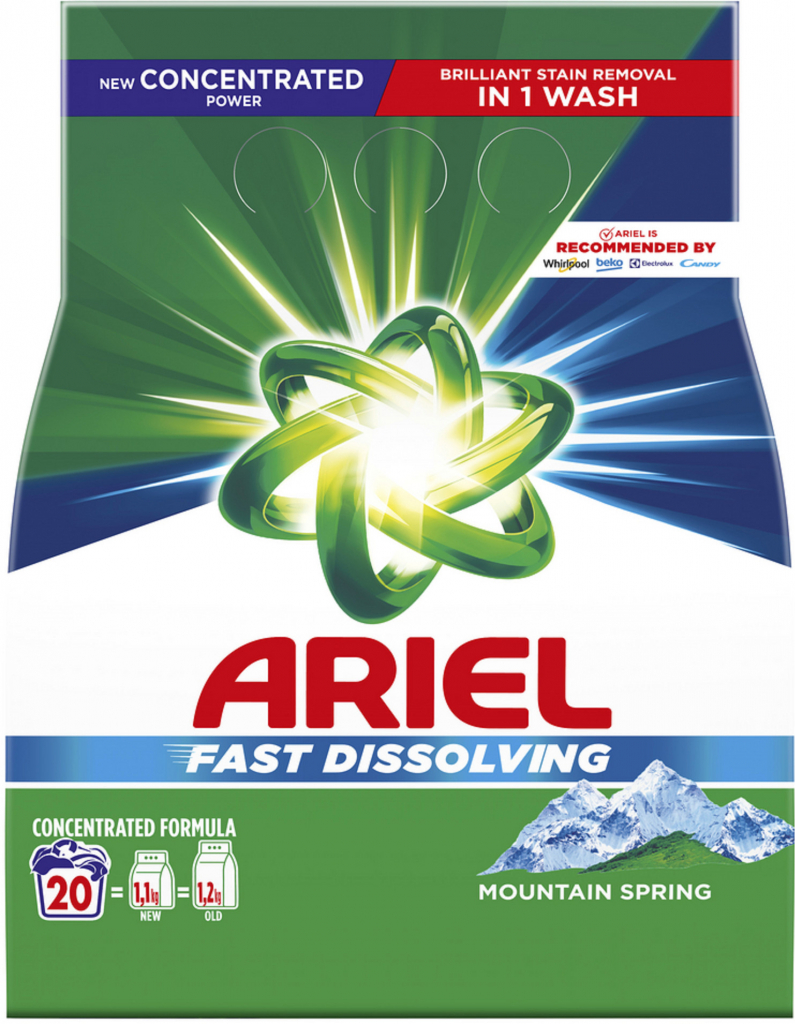 Ariel Mountain Spring prací prášek pro čisté a voňavé prádlo bez skvrn 20 PD 1,1 kg
