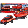 Auta, bagry, technika Majorette Autíčko hasičské s přívěsem a lodí Land Rover Fire Rescue kovové se zvukem a světlem 33,5 cm