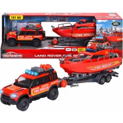 Majorette Autíčko hasičské s přívěsem a lodí Land Rover Fire Rescue kovové se zvukem a světlem 33,5 cm