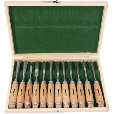 XTLINE Sada řezbářských dlát s dřevěnou rukojetí 12 dílů | dřevěný box (lehce poškozený obal) - XT790300/P – Zboží Dáma