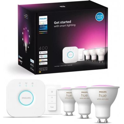 Philips Propojovací zařízení Hue BRIDGE a 3 ks LED žárovek GU10 4,3W 50W White and Color Ambiance 2000-6500K/RGB stmívatelné – Sleviste.cz