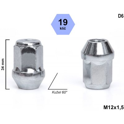 Kolová matice M12x1,5 kužel zavřená, klíč 19, D6, výška 34 mm – Zbozi.Blesk.cz