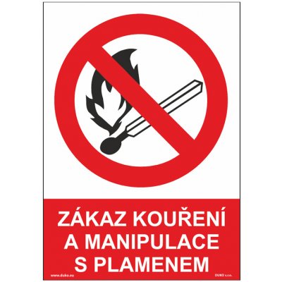 DUKO ZÁKAZ KOUŘENÍ A MANIPULACE S PLAMENEM Formát: 210 x 297 mm, Materiál: samolepící vinylová fólie – Sleviste.cz