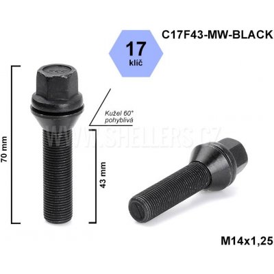 Kolový šroub M14x1,25x43 kužel pohyblivý černý, klíč 17, C17F43-MW-BLACK, výška 70 mm