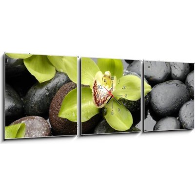 Obraz s hodinami 3D třídílný - 150 x 50 cm - therapy stones and orchid flower with water drops léčivé kameny a orchidejové květiny s vodními kapkami – Zboží Mobilmania